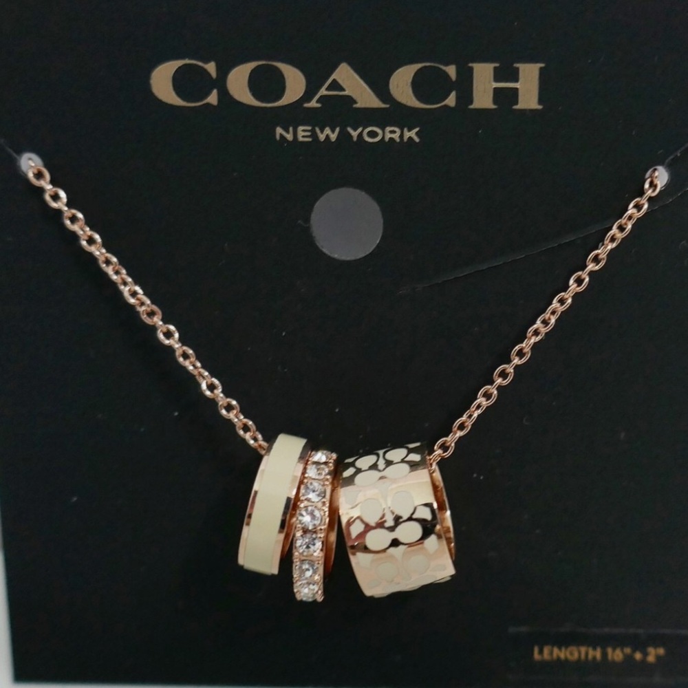Coach Rose Gold/Chalk Plated brass, enamel and glass NWT Necklace (16/18”)